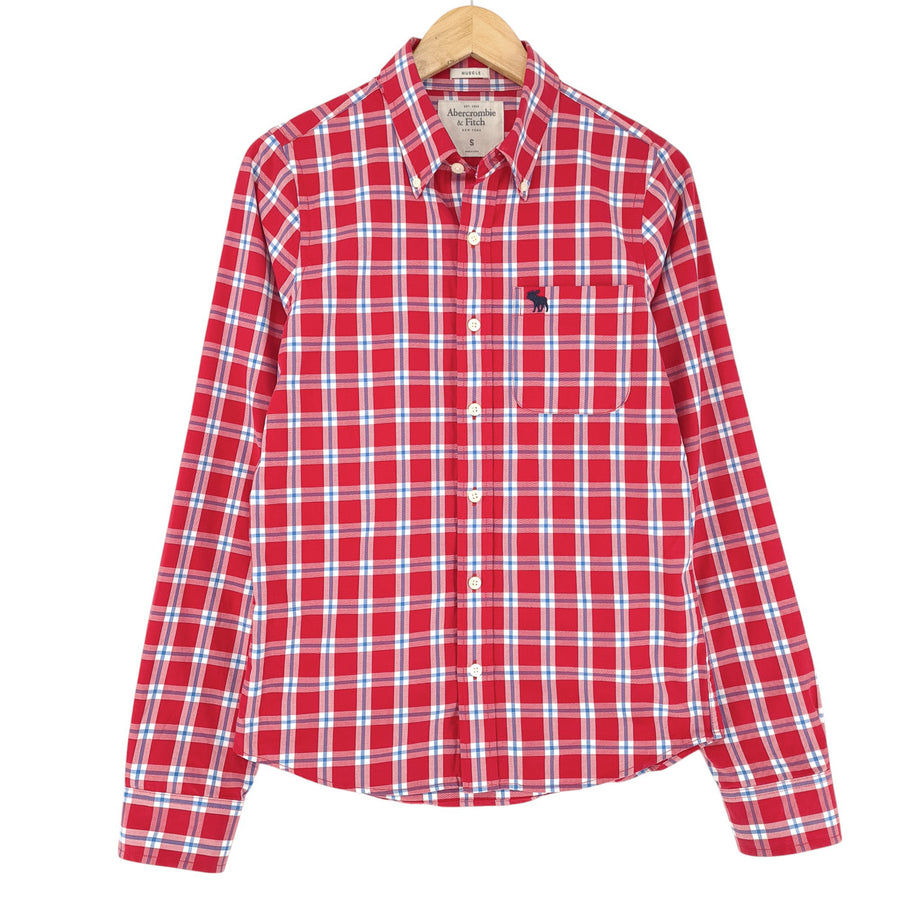Vintage Abercrombie & Fitch męska koszula czerwony bawełna w kratę rozmiar S