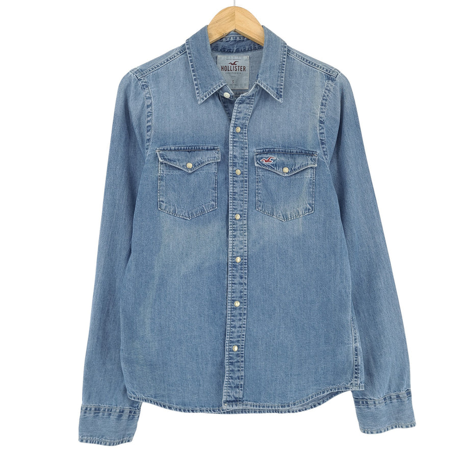 Vintage Hollister męska koszula niebieska bawełna jeans Snap Buttons rozmiar S