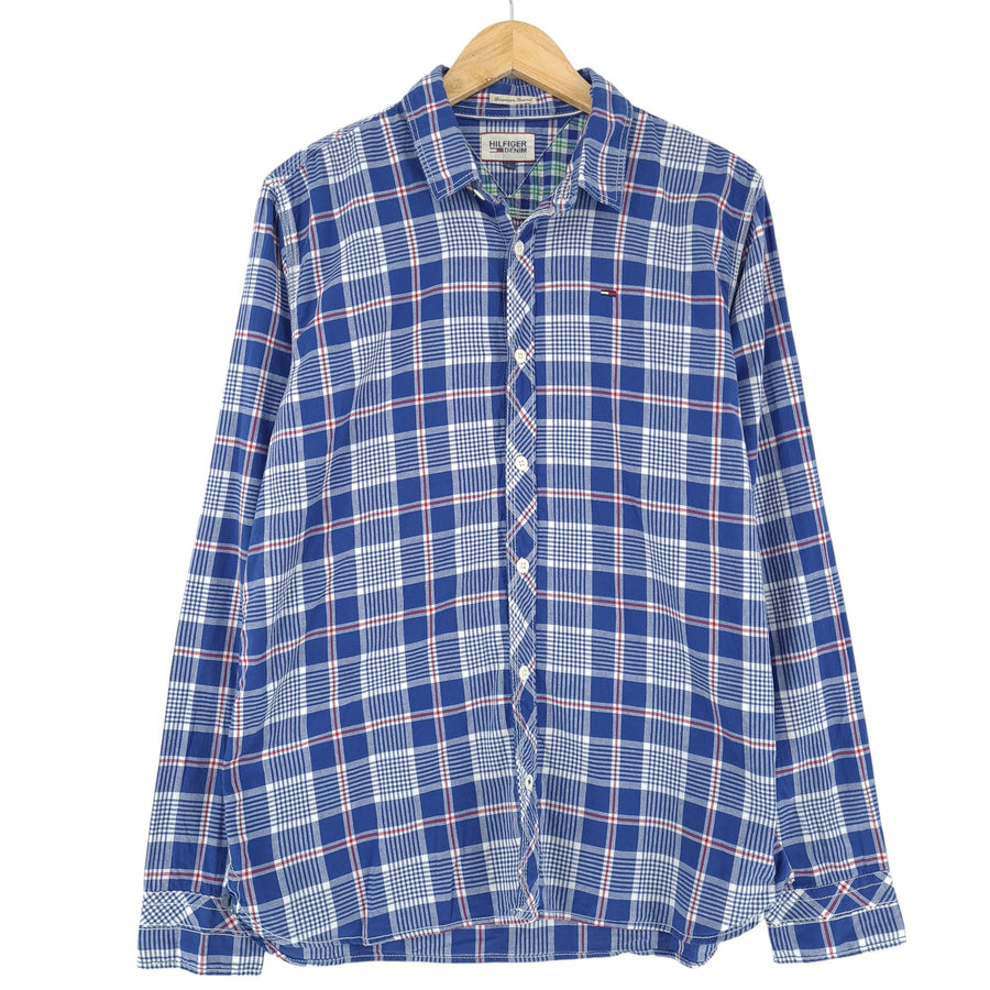 Vintage Tommy Hilfiger męska koszula niebieski w kratę flanela bawełna rozmiar L