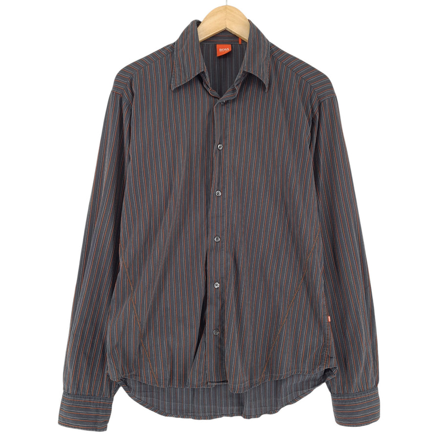 HUGO BOSS Men Shirt Brown Stretch Striped Cotton Size S