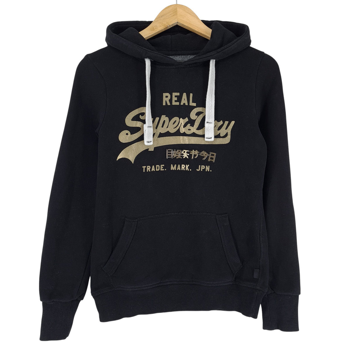 Vintage Superdry Hoodie Pullover Sweatshirt Women Black Size XS 36, front view, image 1 of 8