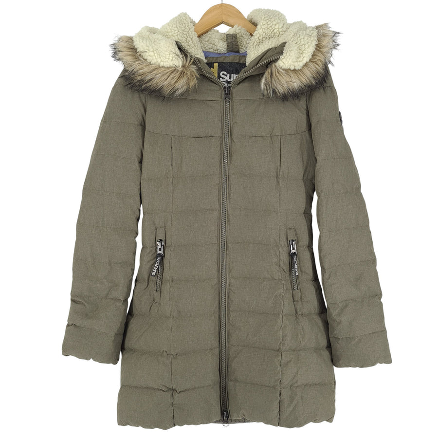 Superdry Down cappotto giacca Donna Long Quilted grigio con cappuccio taglia XS