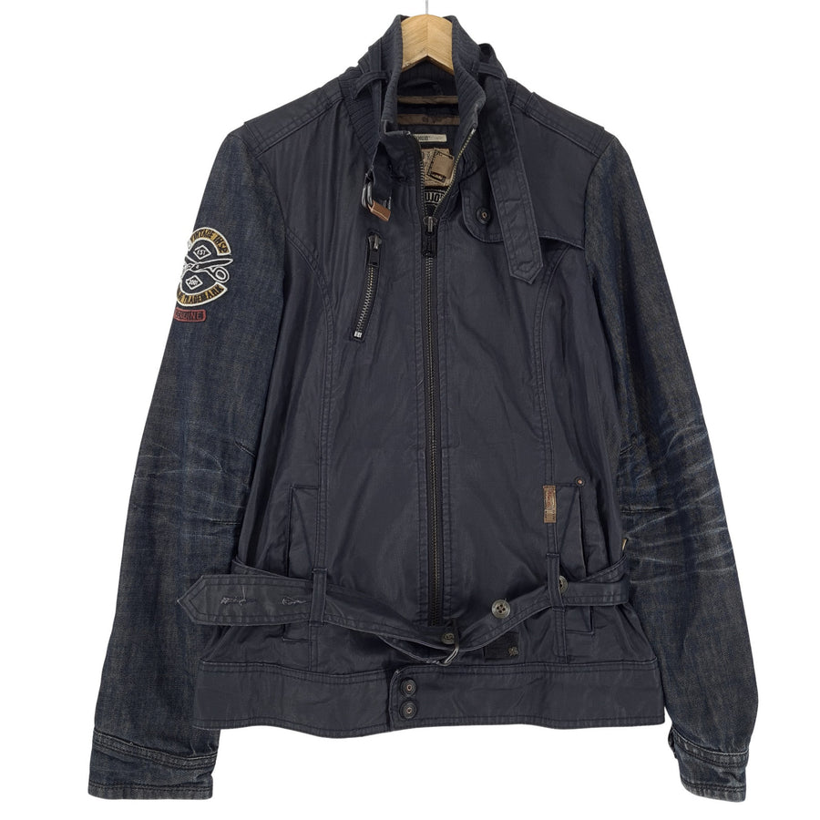 Khujo Casual Jacket Women Denim Sleeve Belted Moto Military Patch Size L