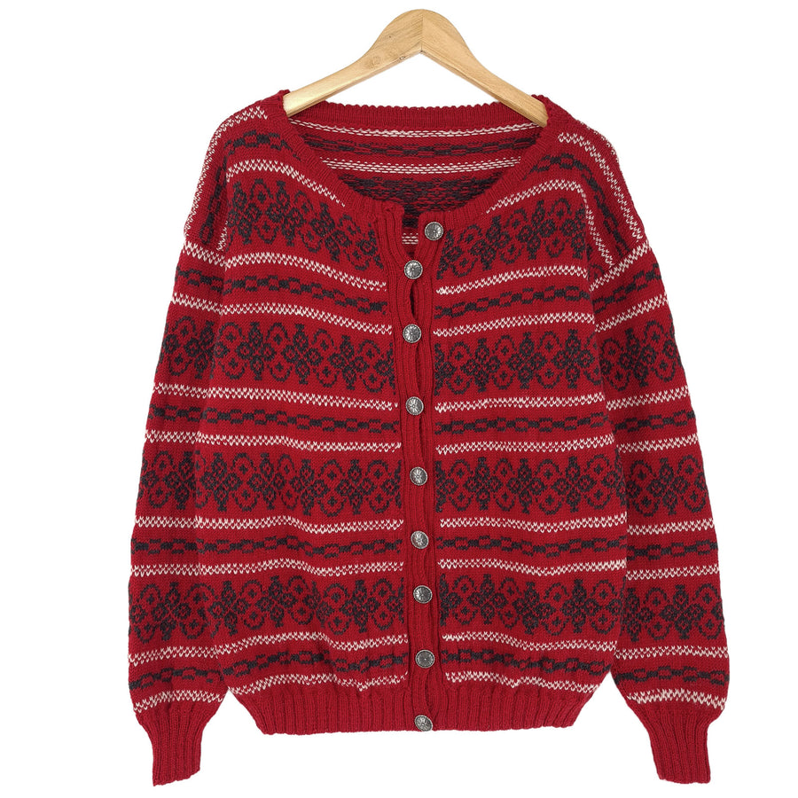 gilet rouge Nordic Scandinavian motif Fair Isle Vintage Warm maille Femme taille XL
