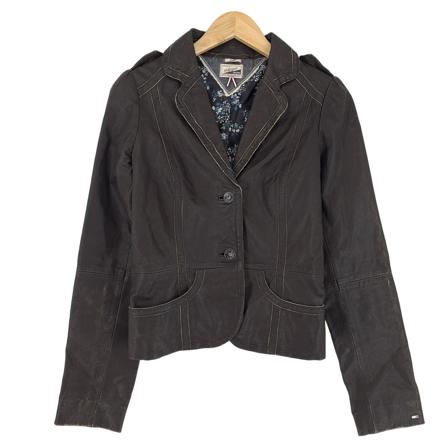 Tommy Hilfiger Vintage veste en cuir marron boutonné classique Premium Femme taille S
