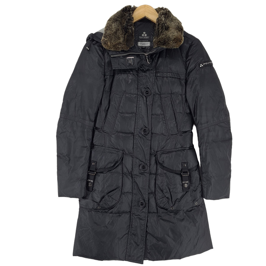 Peuterey Vintage Down płaszcz czarny z kapturem Longline Padded kurtka Damskie rozmiar 40