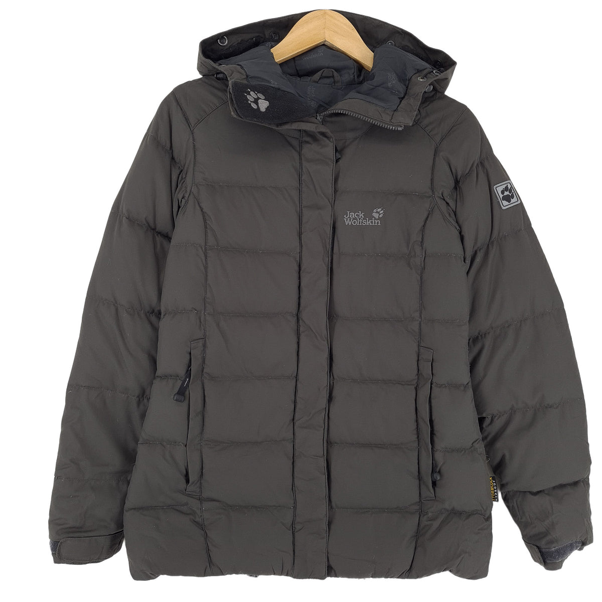 Jack Wolfskin Vintage Puffer Down Jacket Grey Water Resistant Hooded Women Size XS, front view, image 1 of 9