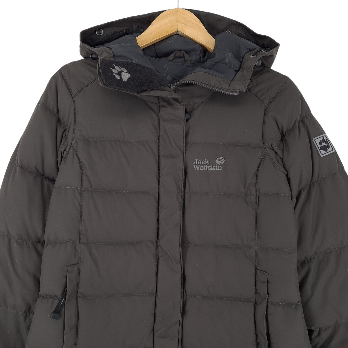 Jack Wolfskin Vintage Puffer Down Jacket Grey Water Resistant Hooded Women Size XS, back view, image 2 of 9