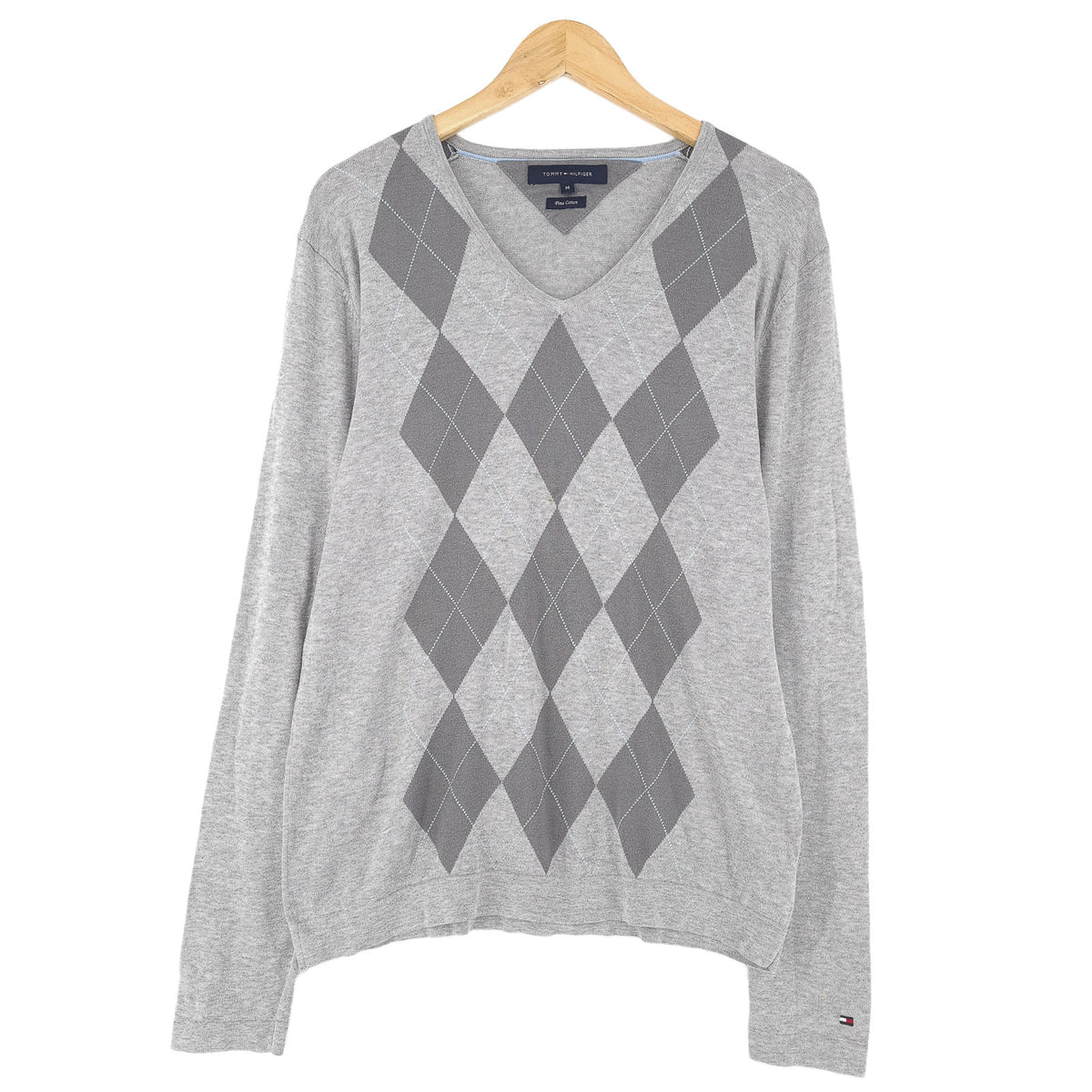 Tommy Hilfiger Vintage Mens Pullover Sweater Grey Cotton Argyle Classic Knit Size M, front view, image 1 of 7