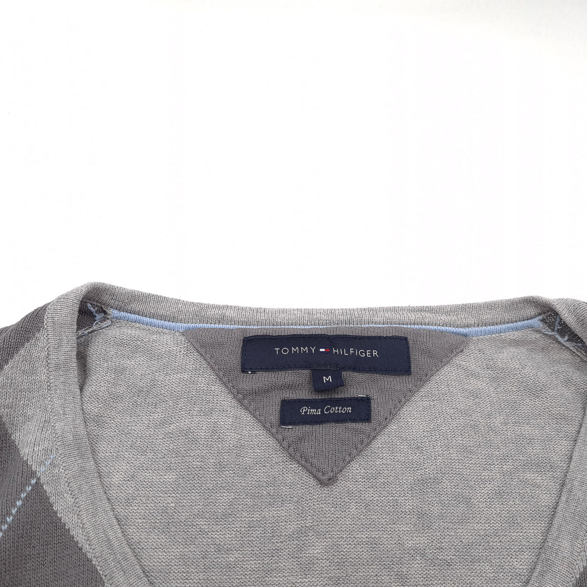 Tommy Hilfiger Vintage Mens Pullover Sweater Grey Cotton Argyle Classic Knit Size M, detail view 2, image 4 of 7