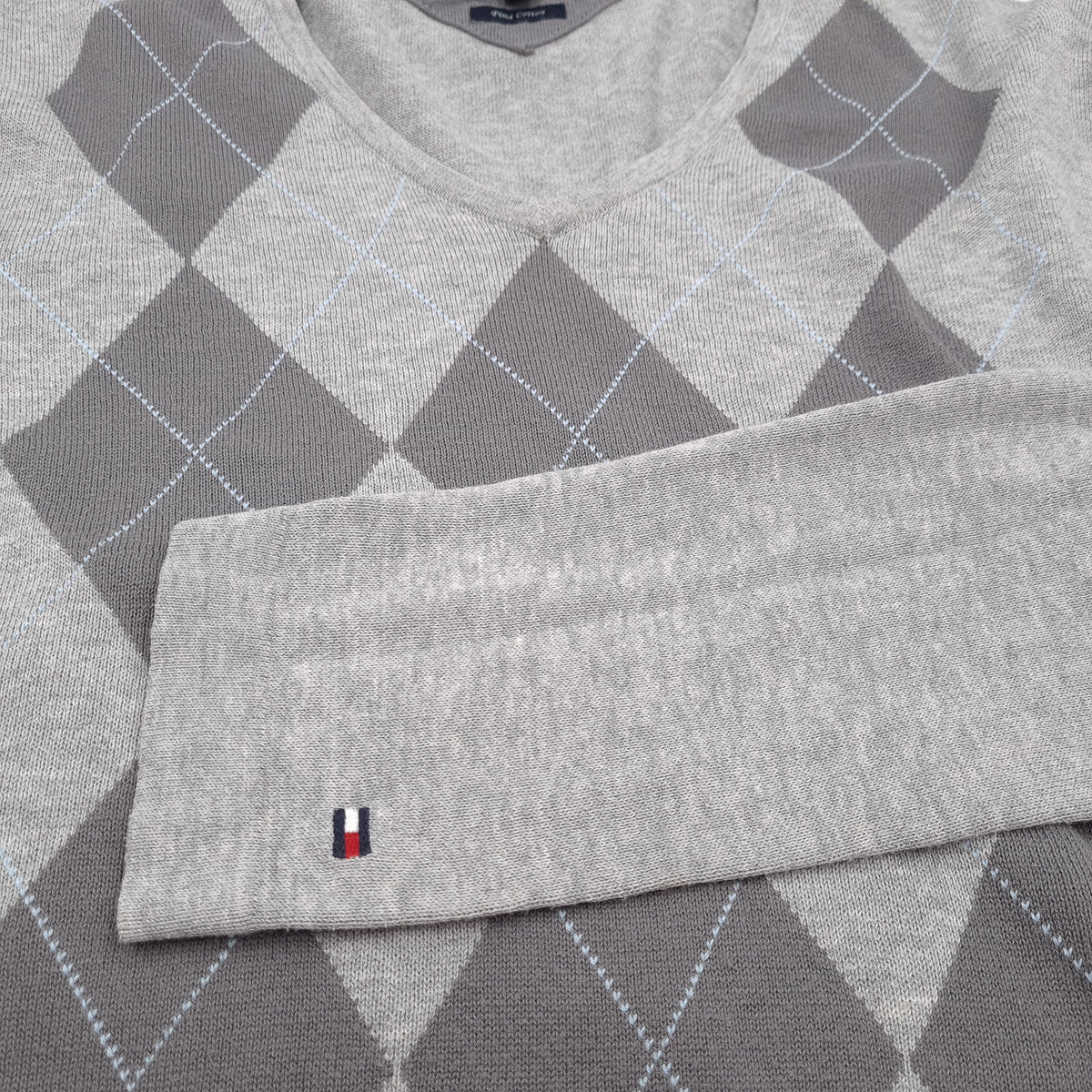 Tommy Hilfiger Vintage Mens Pullover Sweater Grey Cotton Argyle Classic Knit Size M, detail view 4, image 6 of 7