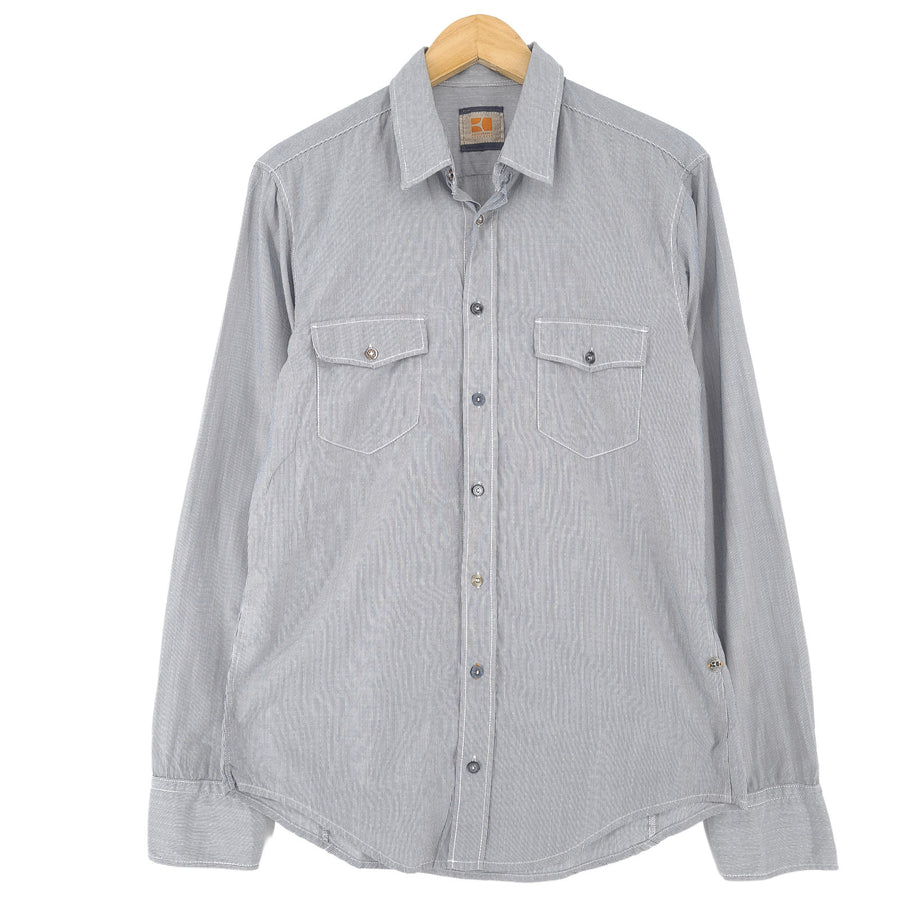 Hugo Boss Vintage Herrenhemd blau gestreift Baumwolle mit Knopfleiste Freizeit Alltag Größe M