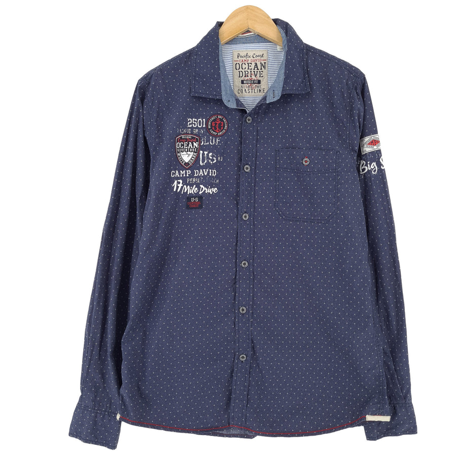 Camp David Vintage męska koszula niebieski Polka bawełna z guzikami dopasowany codzienne rozmiar M