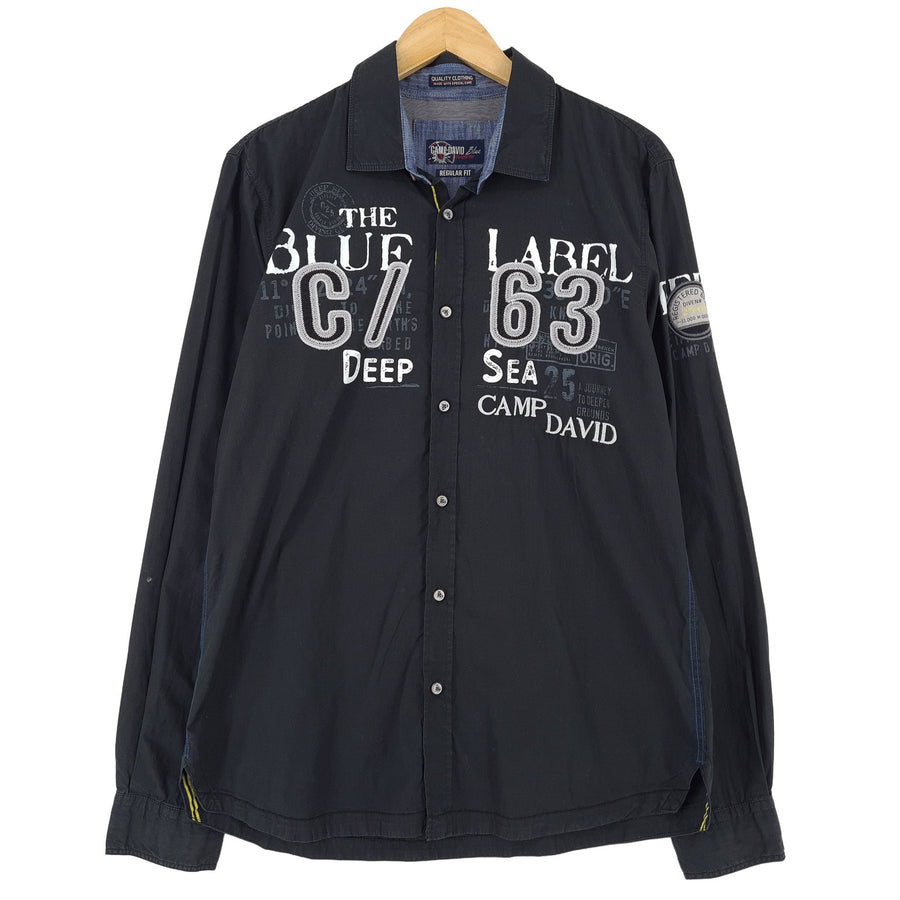 Camp David Vintage camicia da uomo nero grafica cotone con bottoni casual quotidiano taglia M