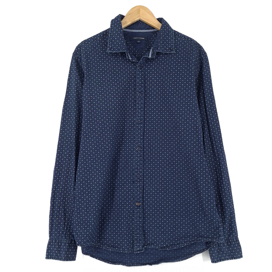 Tommy Hilfiger Vintage Męskie jeans koszula niebieski geometryczny z guzikami codzienne na co dzień rozmiar L