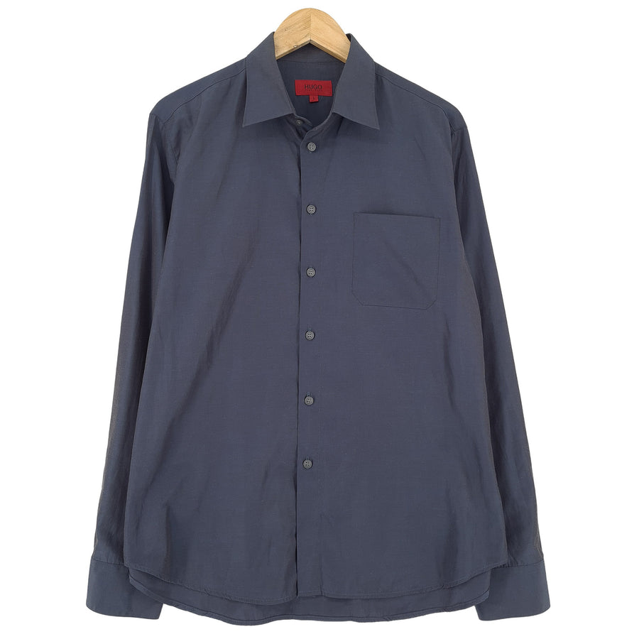 Hugo Boss Vintage Herrenhemd graue Baumwolle mit Knopfleiste Freizeit Alltag klassisch Größe L