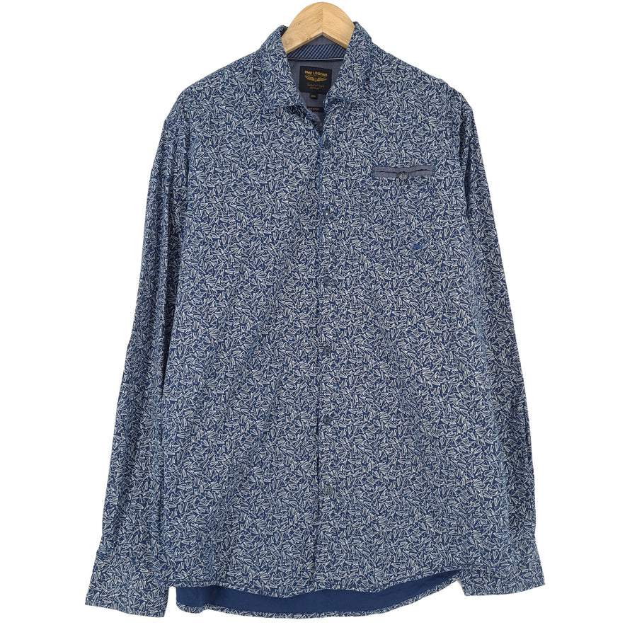 Pme Legend Vintage Herrenhemd blau Grafik Baumwolle mit Knopfleiste Freizeit Größe 2XL