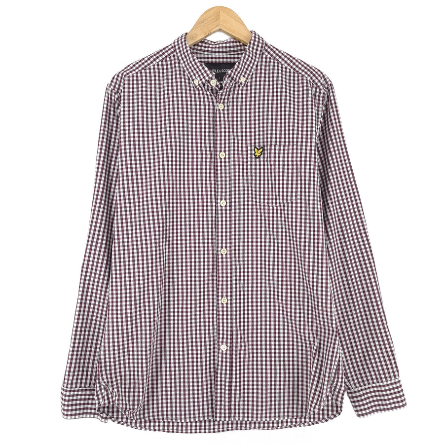 Lyle & Scott Vintage camicia da uomo bordeaux cotone a quadri con bottoni vestibilità slim taglia L