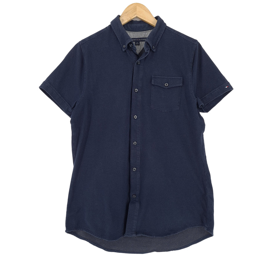 Tommy Hilfiger Vintage Herrenhemd blau Polka mit Knopfleiste Freizeit Alltag Größe M