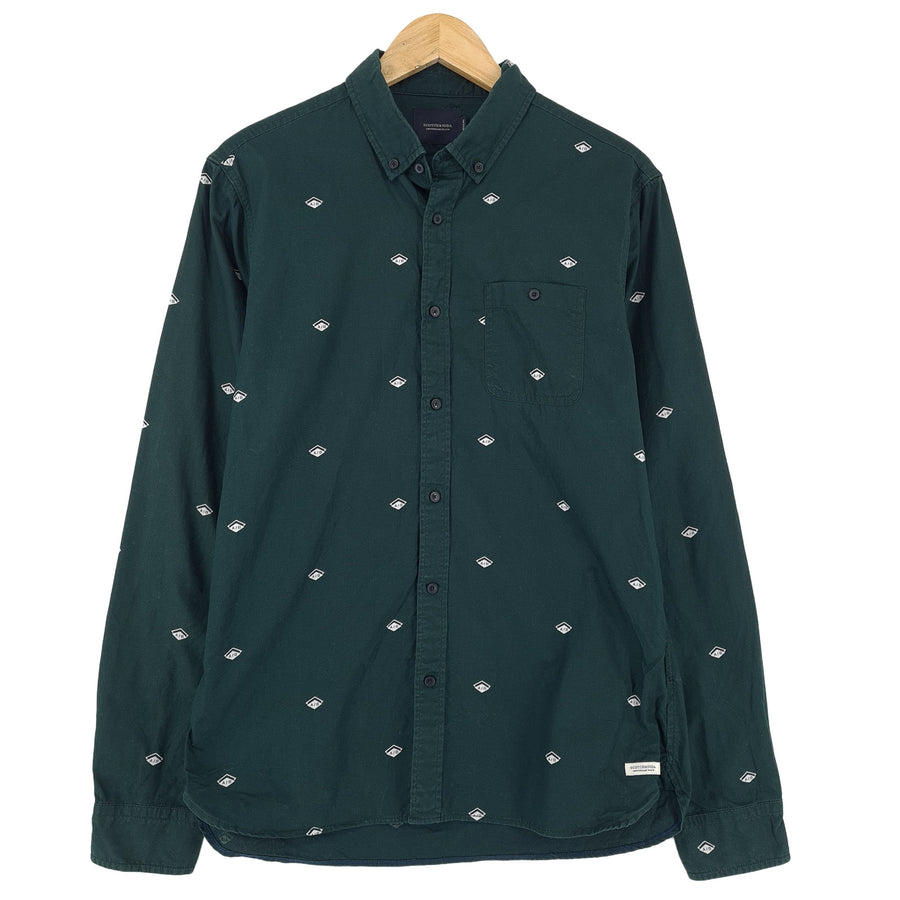 Scotch & Soda Vintage Herrenhemd grün geometrisch Baumwolle mit Knopfleiste Freizeit Alltag Größe M