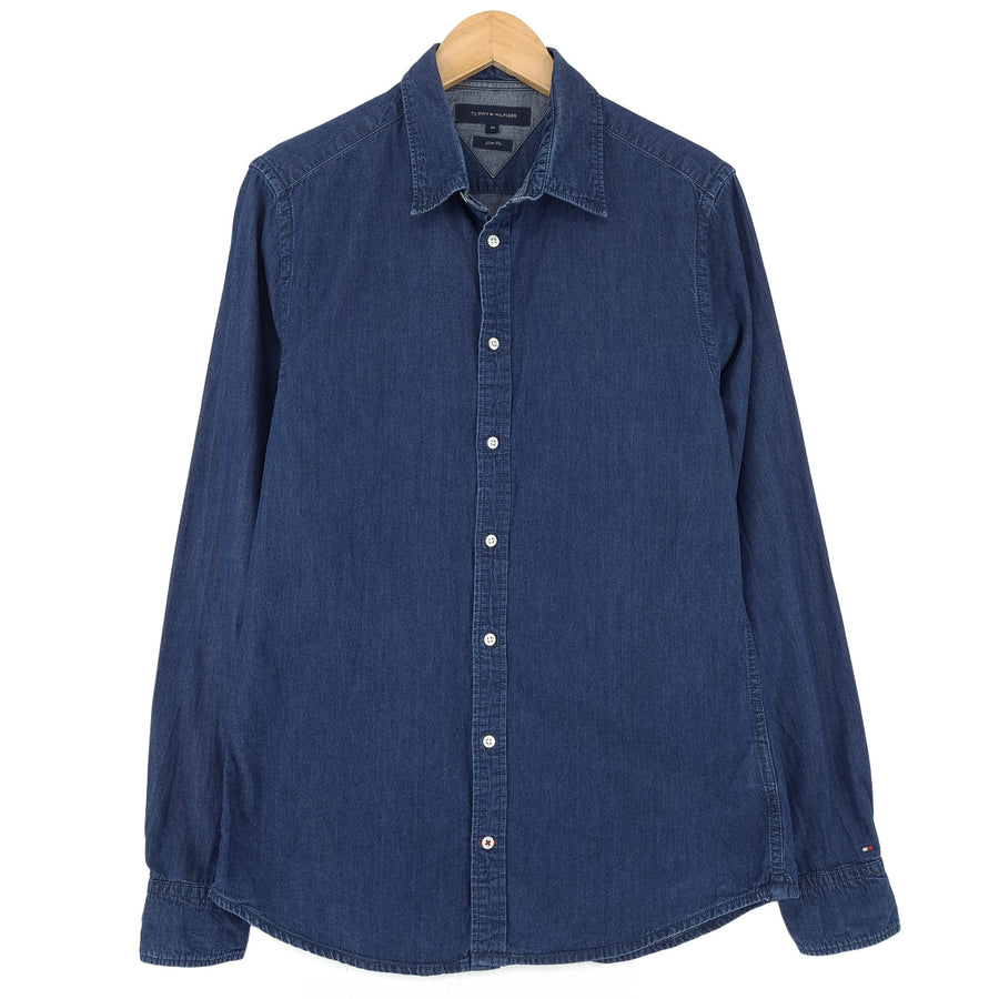 Tommy Hilfiger Vintage Uomo denim camicia cotone blu con bottoni vestibilità slim taglia M