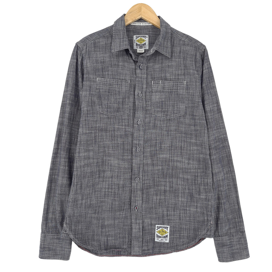 Superdry Vintage Herren Denim Hemd graue Baumwolle mit Knopfleiste Freizeit Alltag Größe M