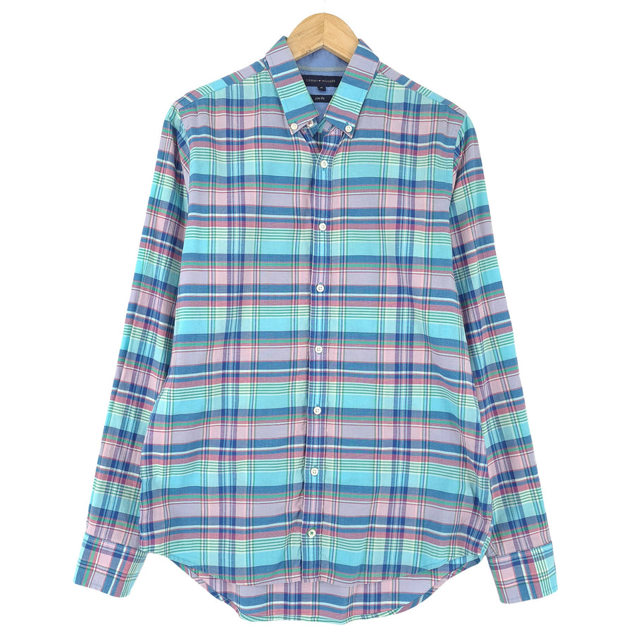 Tommy Hilfiger Vintage kariertes Herrenhemd aus Baumwolle mit Knopfleiste Slim Fit Freizeit Größe M