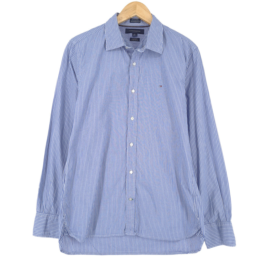 Tommy Hilfiger Vintage Herrenhemd blau gestreift mit Knopfleiste tailliert Größe M 15.5 16