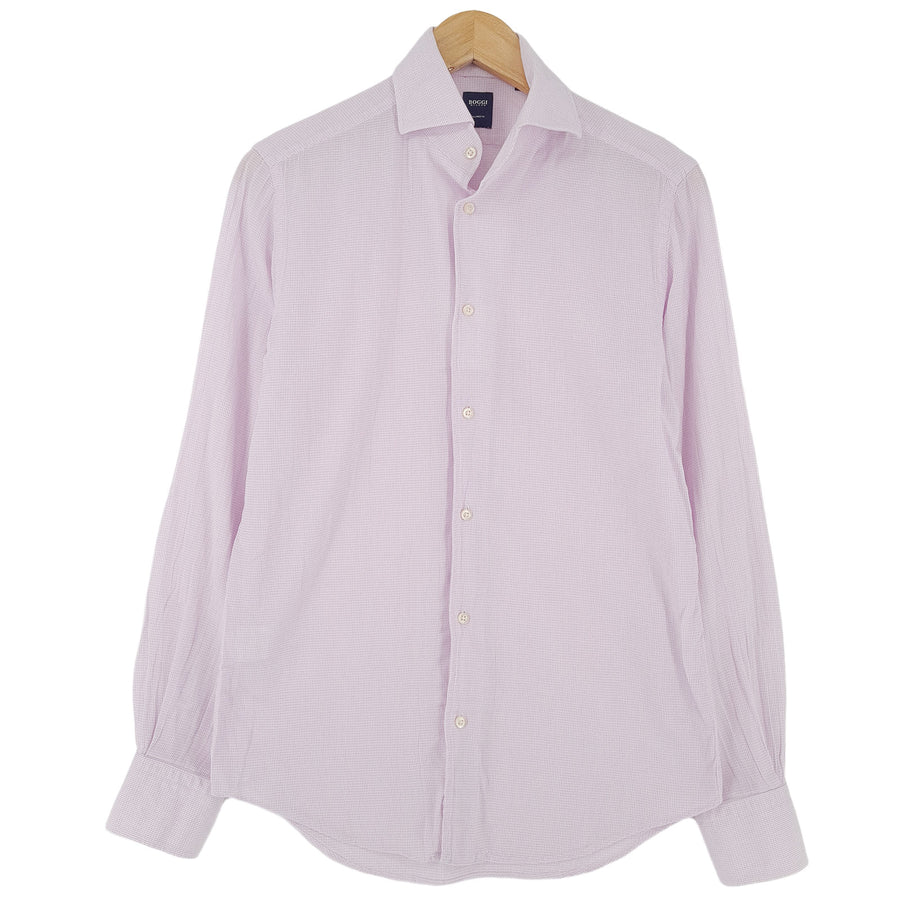 Boggi Milano camicia elegante da uomo Pink geometrico cotone da ufficio taglia 15 38