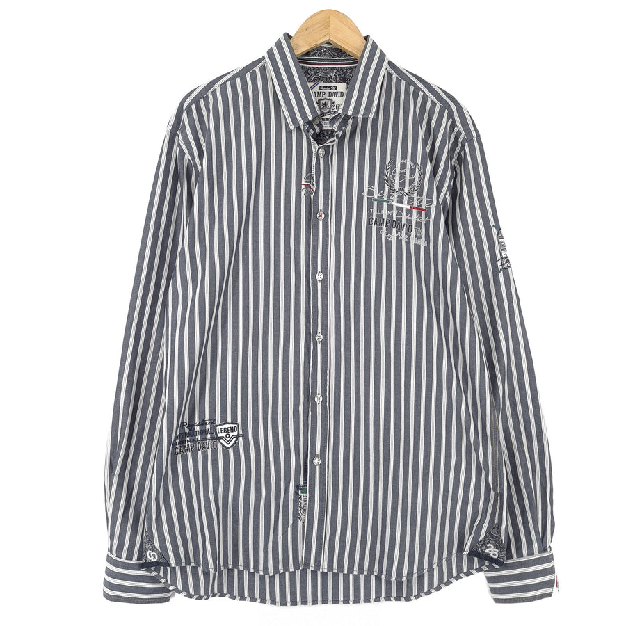 Camp David Vintage camicia da uomo grigio a righe cotone con bottoni casual quotidiano taglia XL