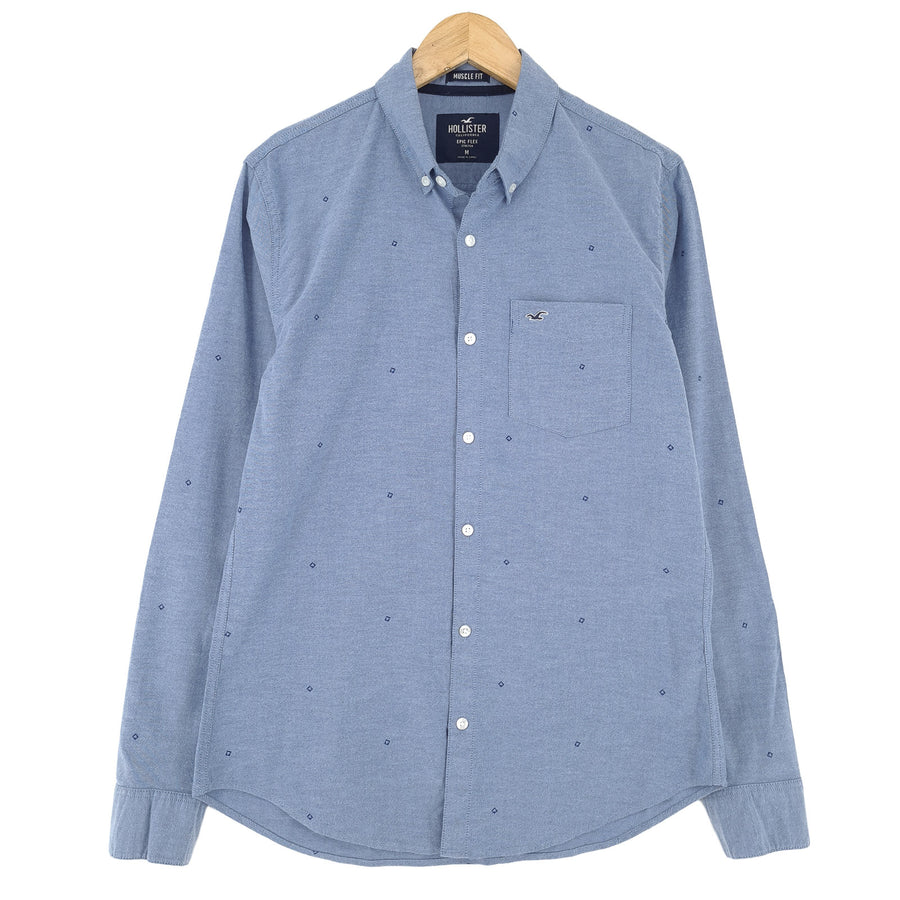 Hollister Vintage Herrenhemd blau geometrisch Baumwolle mit Knopfleiste Freizeit Alltag Größe M