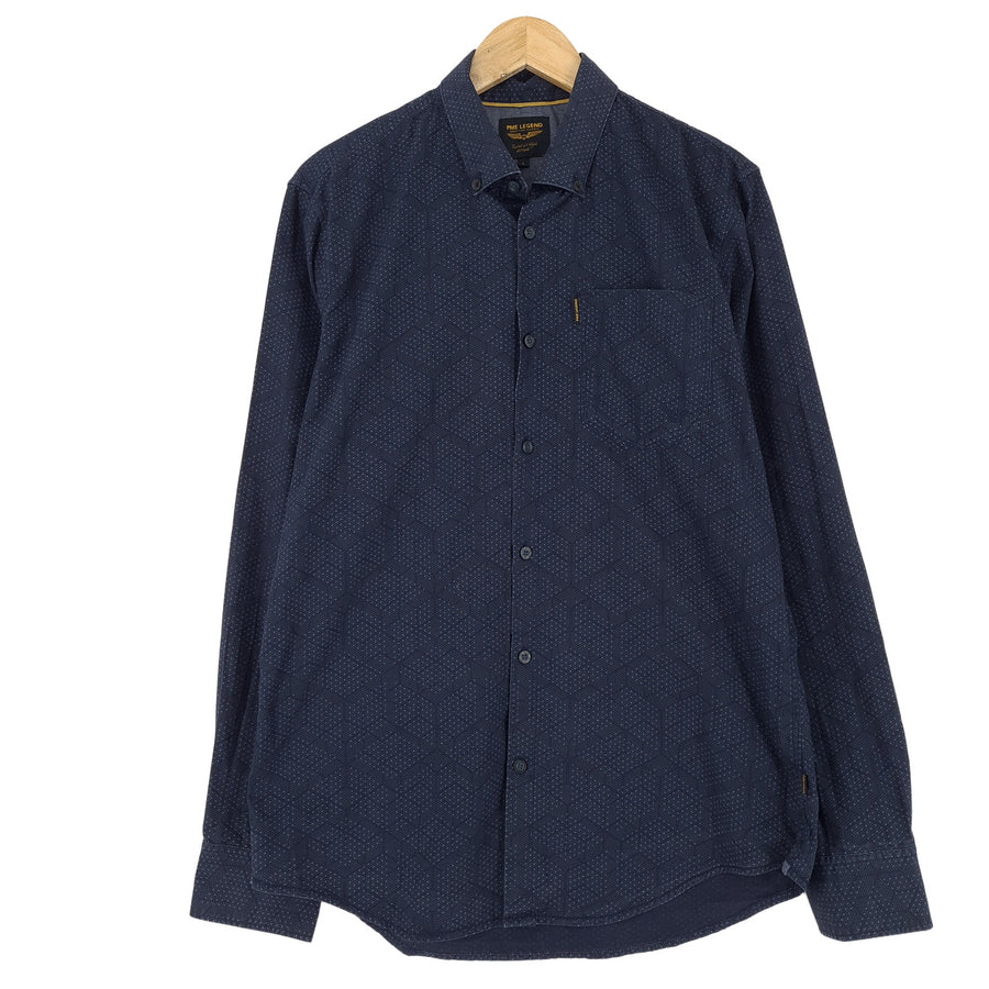 Pme Legend Vintage camicia da uomo blu geometrico cotone con bottoni classico Fit casual taglia L