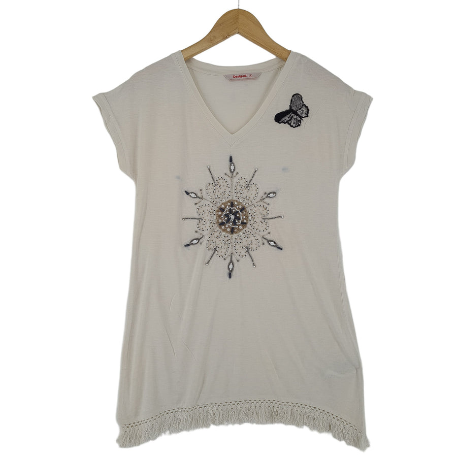 Desigual Vintage T-shirt Beige graphique décontracté T-shirt col rond Femme taille L