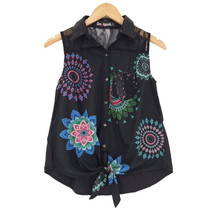 Desigual Vintage Blouse Graphic Smart Top Elegant Office Workwear Chic Women Size S