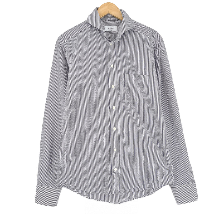 Eton Mens Shirt Blue Striped Cotton Button Up Slim Fit Casual Size S 38