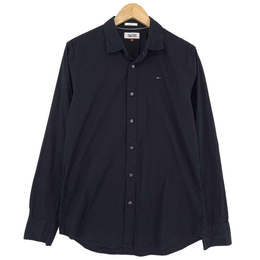 Tommy Hilfiger Vintage Herrenhemd schwarze Baumwolle mit Knopfleiste Slim Fit Freizeit Größe L