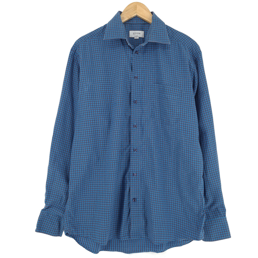 Vintage Eton Mens Shirt Blue Check Button Up Classic Fit Casual Everyday Size L 41