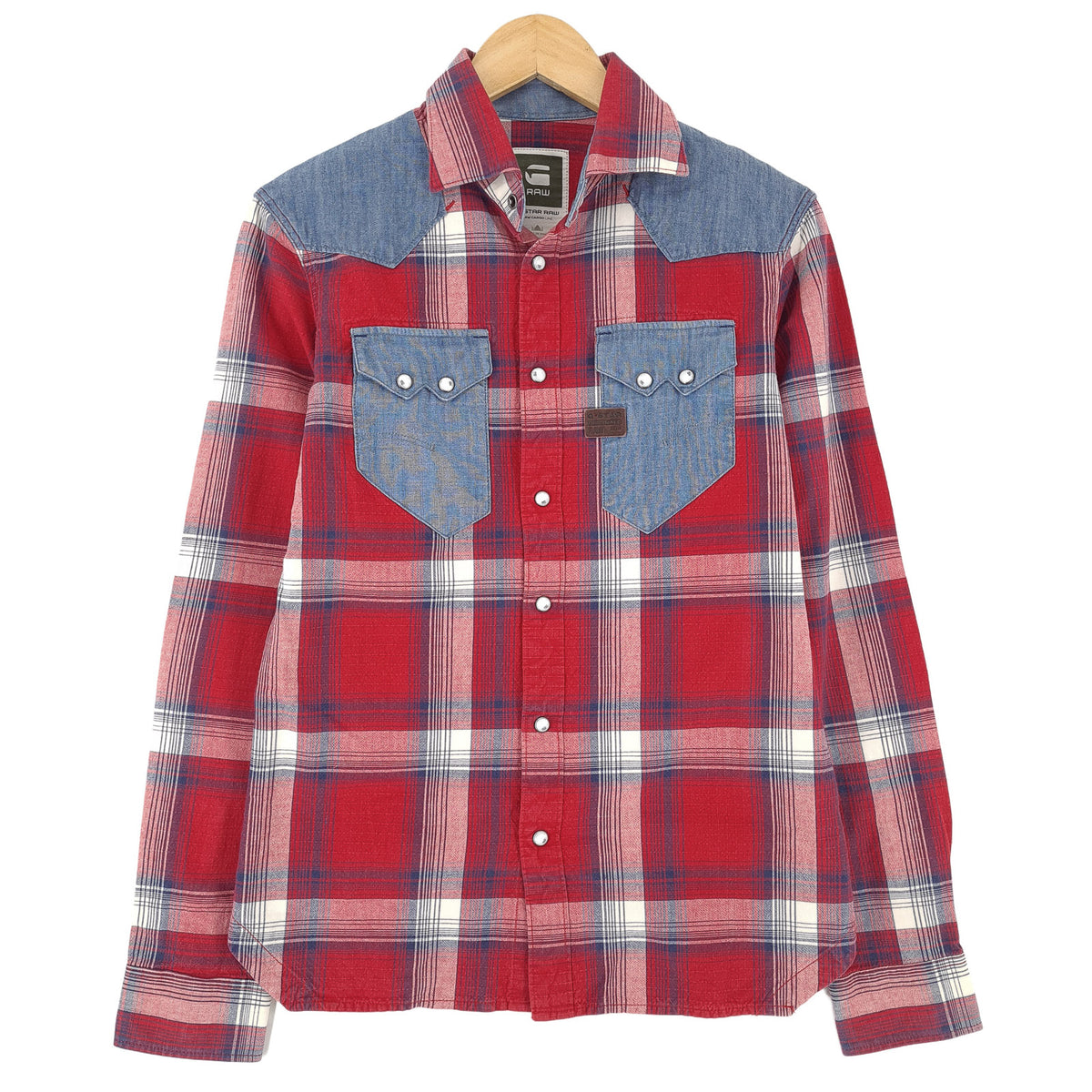 G-Star Vintage Mens Denim Shirt Plaid Cotton Button Up Casual Everyday Size XS, front view, image 1 of 9