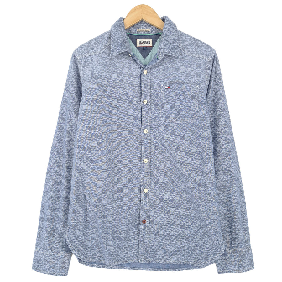 Tommy Hilfiger Vintage camicia da uomo blu geometrico cotone con bottoni casual quotidiano taglia S