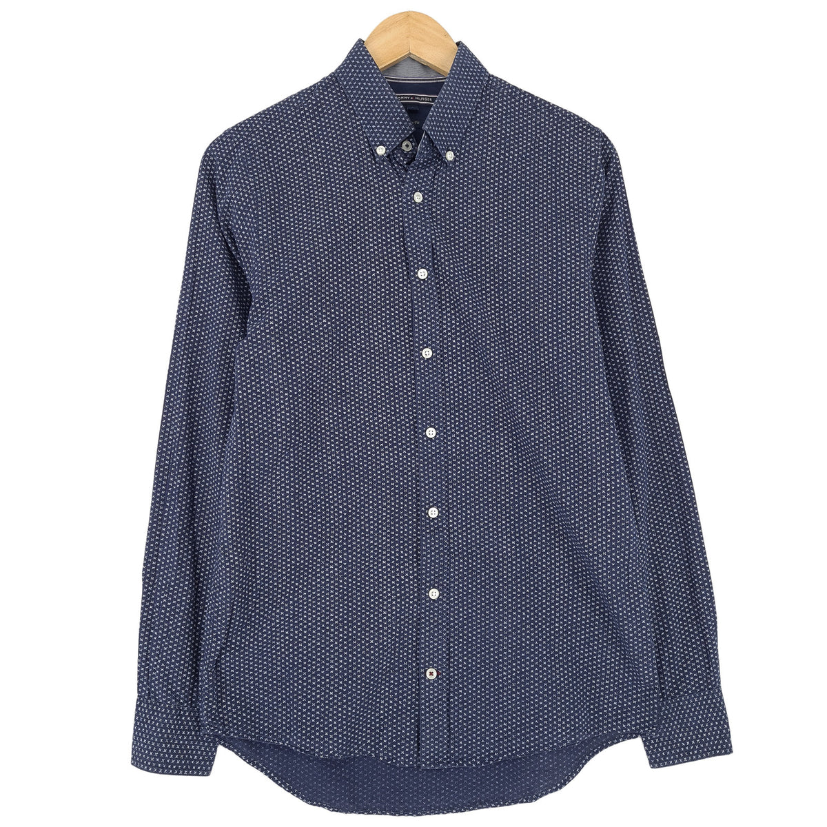 Tommy Hilfiger Vintage Mens Shirt Blue Geo Cotton Button Up Slim Fit Casual Size S, front view, image 1 of 7