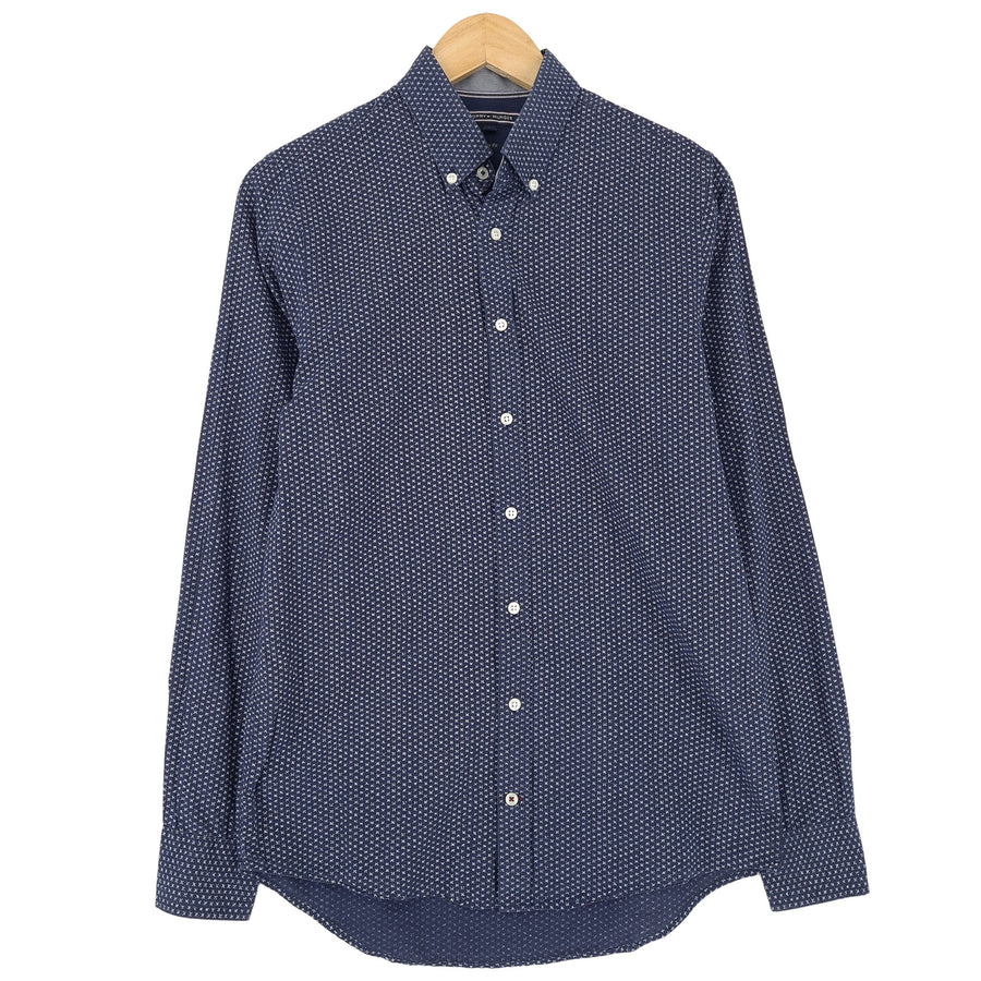 Tommy Hilfiger Vintage Herrenhemd blau geometrisch Baumwolle mit Knopfleiste Slim Fit Freizeit Größe S