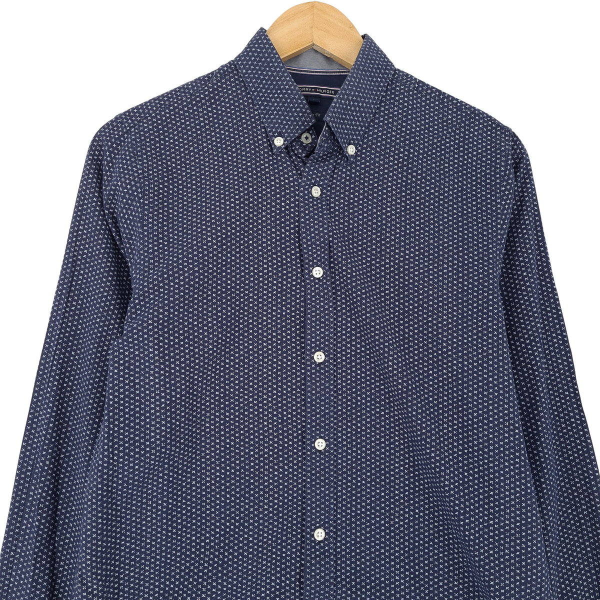 Tommy Hilfiger Vintage Mens Shirt Blue Geo Cotton Button Up Slim Fit Casual Size S, back view, image 2 of 7