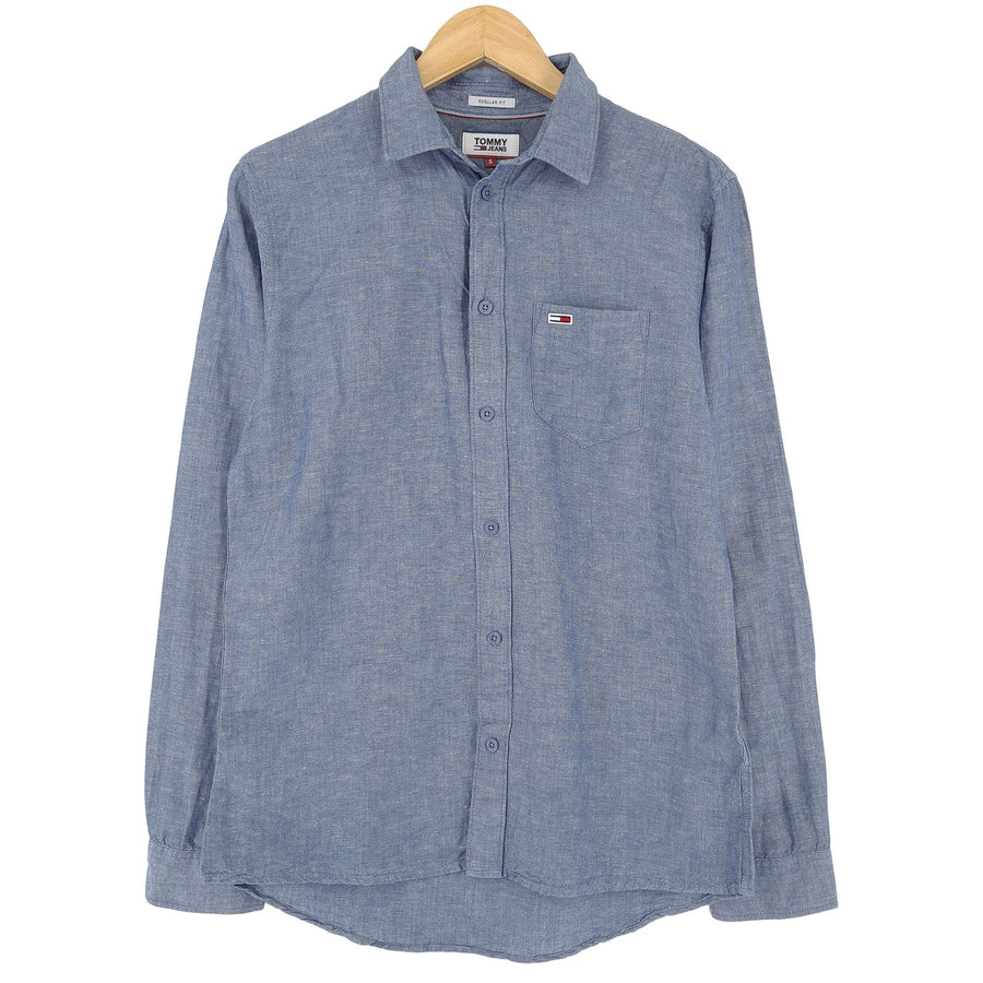 Tommy Hilfiger Vintage męska koszula niebieski len z guzikami codzienne na co dzień rozmiar S