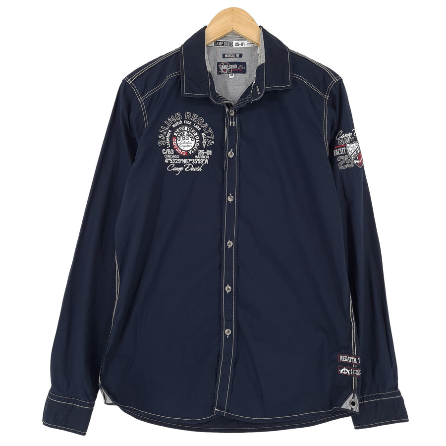 Camp David Vintage chemise homme bleu graphique coton boutonné ajusté décontracté taille M