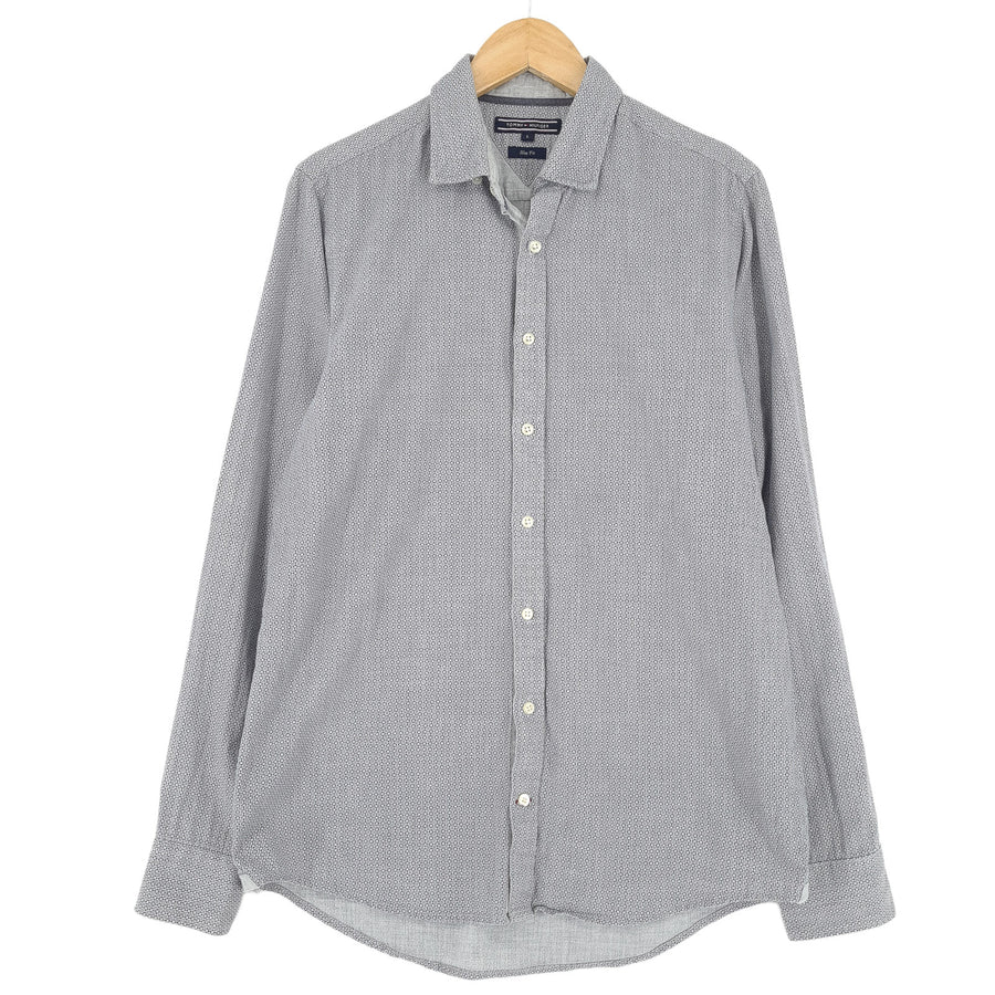 Tommy Hilfiger Vintage Mens Shirt Grey Geo Button Up Slim Fit Casual Size L