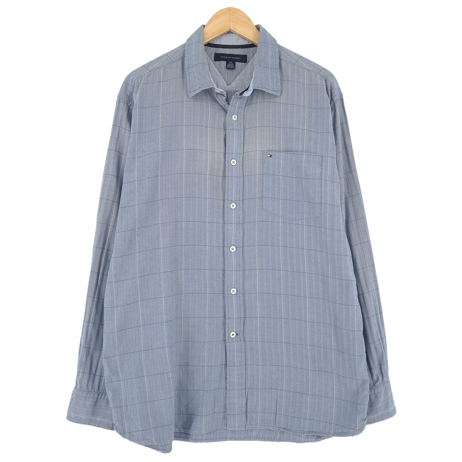 Tommy Hilfiger Vintage Mens Shirt Blue Check Cotton Button Up Casual Size L