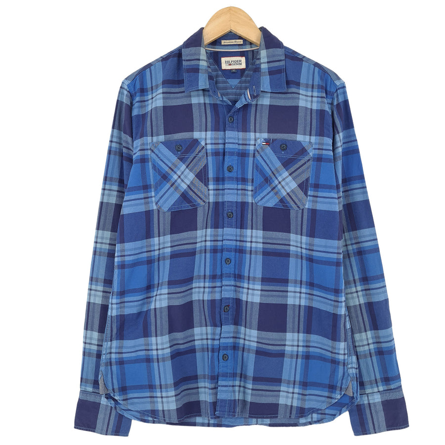 Tommy Hilfiger Vintage Mens Shirt Blue Plaid Cotton Button Up Casual Size M