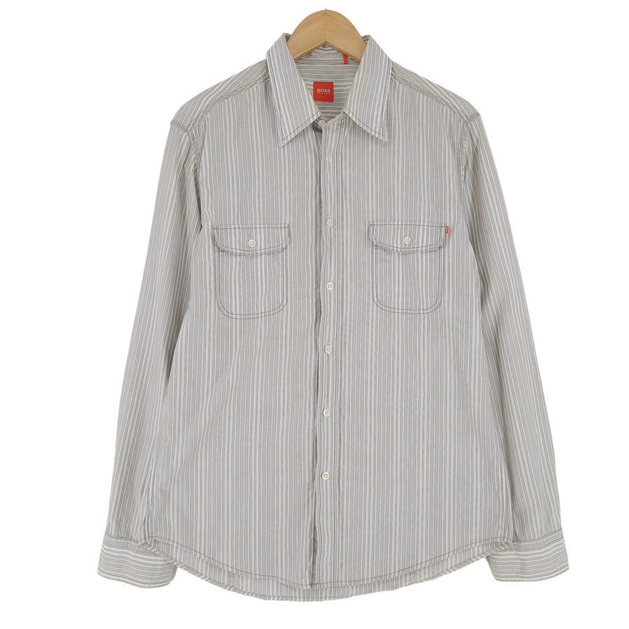 Hugo Boss chemise homme Beige rayé coton boutonné décontracté quotidien taille L