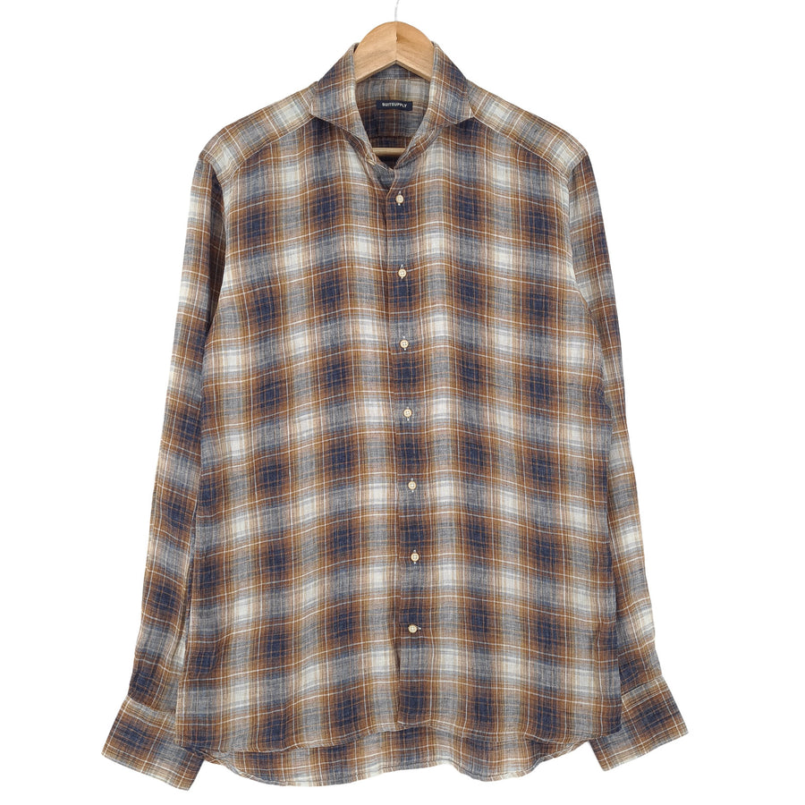 Suitsupply Mens Formal Shirt Plaid Linen Button Down Size 40 15 3/4