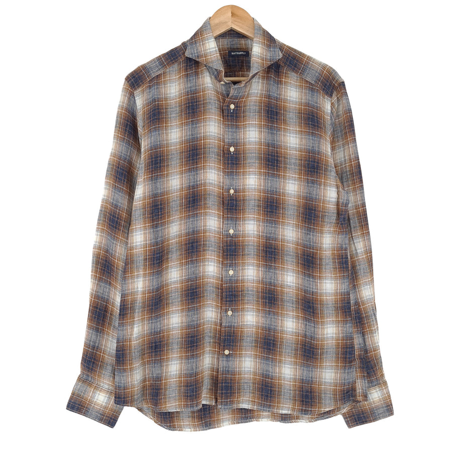 Suitsupply Mens Formal Shirt Plaid Linen Button Down Size 40 15 3/4